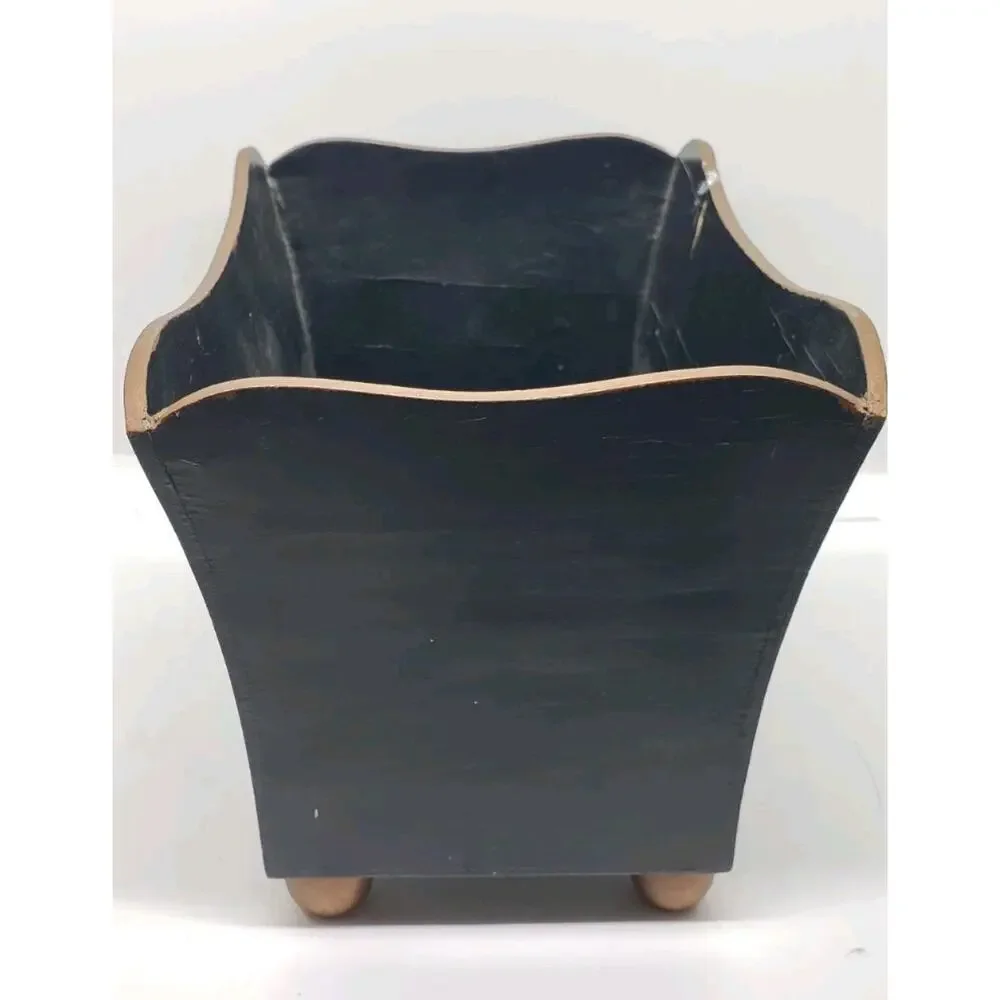 Vintage Toleware Hand Painted Roses Black Jardiniere Cache Pot Decor Vanity - Picture 4 of 12